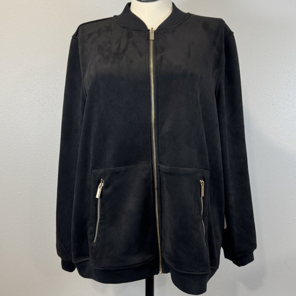 Joy Mangano CleanBoss Womens  Size 1X Black Reversible Bomber Jacket Gold NEW